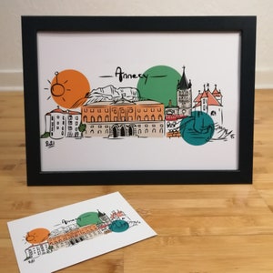 Impression Skylin'art Annecy City, Affiche de Annecy ville des alpes, A3, Poster, Art, Print, Décoration, Ville, Cartes Postales