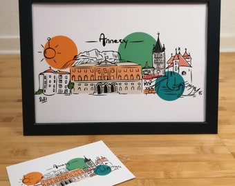 Impression Skylin'art Annecy City, Affiche de Annecy ville des alpes, A3, Poster, Art, Print, Décoration, Ville, Cartes Postales