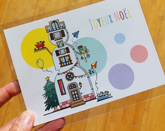 Carte postale Bonhomme de neige maison Joyeux Noël