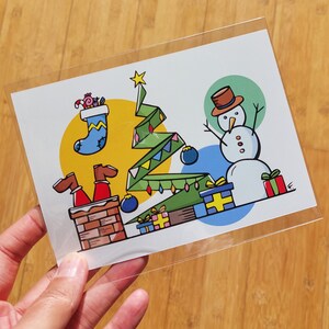 Carte postale Noël Bonhomme de neige Père-Noël cheminée Sapin Cadeaux