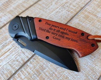 Wooden Anniversary Gift for Men, 5th Anniversary, Gift for Boyfriend, Engraved Wood Gift, Personalized Pocket Knife with Custom Text