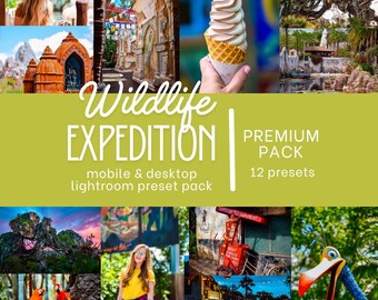 May include: A collage of travel photos with the text "Wildlife Expedition" and "Premium Pack 12 Presets". The images include a woman, architecture, a soft-serve ice cream cone, and landscapes.