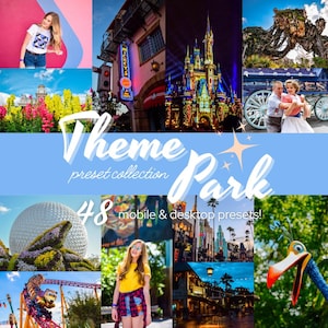 Op de afbeelding: Een collage van afbeeldingen met scènes uit pretparken, waaronder een kasteel, een achtbaan en een vrouw in een geel shirt. De tekst "Theme Park preset collection" en "48 mobile & desktop presets!" zijn ook zichtbaar.