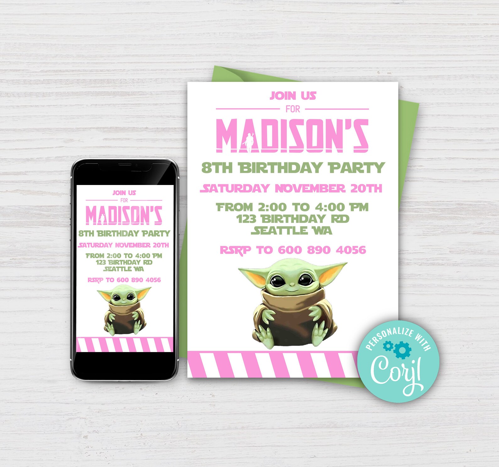 Baby Yoda Birthday Party Mandalorian Invitation Pink Baby Etsy