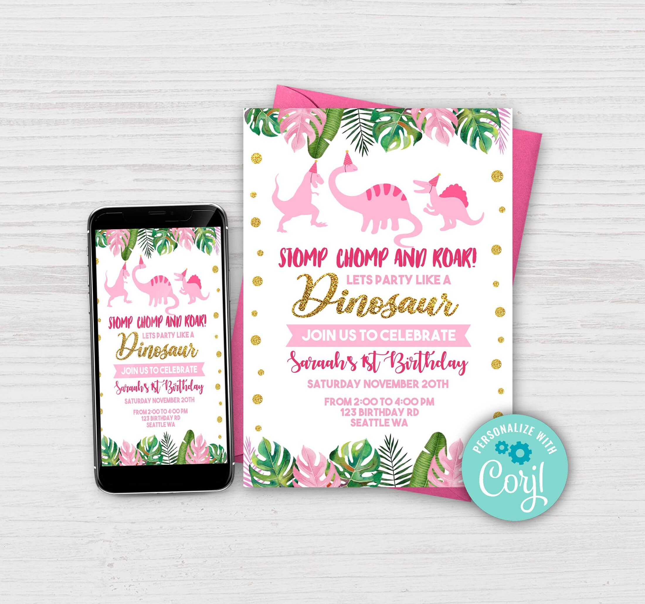 EDITABLE, Pink Dinosaur Birthday Invitation, Pink & Gold Dinosaur Bir…