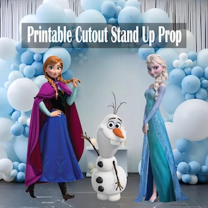 アナと雪の女王のキャラクターの印刷可能な切り抜き小道具セット、アナと雪の女王のパーティーの誕生日パーティーの装飾、スタンドアップ小道具スタンディー、オラフ、アナ、エルサのデジタルダウンロード