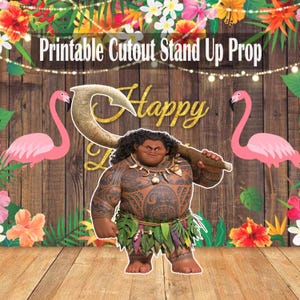 Pacote de adereços recortados para impressão Moana Maui, decoração para festa de aniversário Frozen, suporte para stand up, download digital para festa Moana