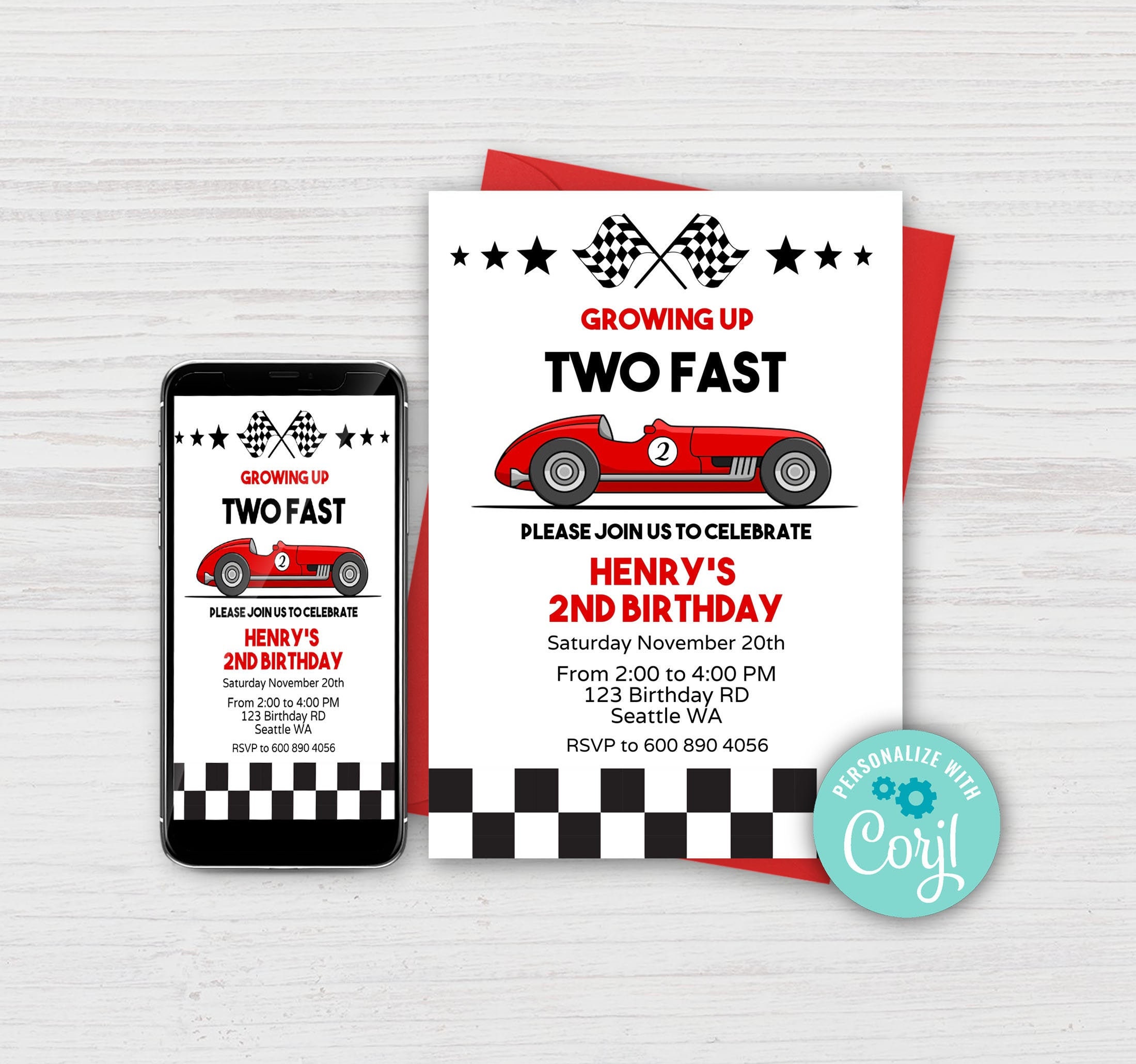 EDITABLE, Two Fast Birthday Invitation, Red Race Car 2nd Birthday Inv…