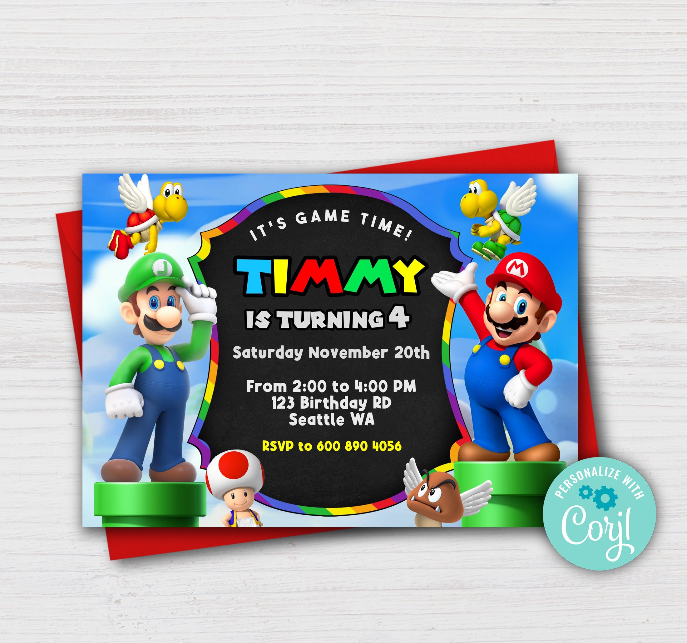 Super Mario Bros Digital Birthday Invitation, Super Mario Brothers 7x…