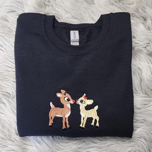 Rudolph Reindeer Embroidered Christmas Crewneck Sweatshirt – Classic Christmas Winter Top