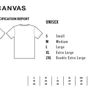 May include: A size chart for unisex t-shirts with measurements in inches for chest and body length from the highest point of the shoulder. The chart includes sizes small, medium, large, extra large, and double extra large.