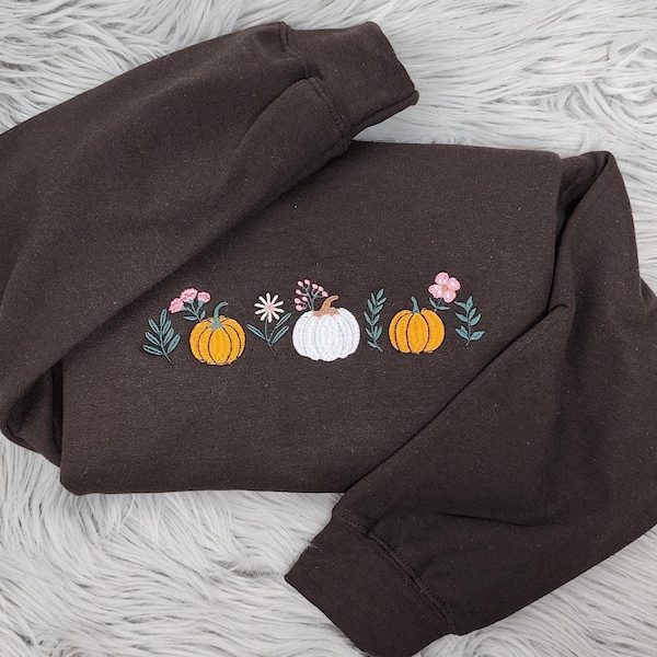 Embroidered Fall Floral Pumpkin Sweatshirt: Autumn Crewneck, Pumpkin Flower Forest