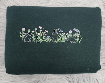 Easter Bunnies Embroidered Sweatshirt, Floral Bunny Meadow Crewneck, Spring Wildflower Easter Pullover