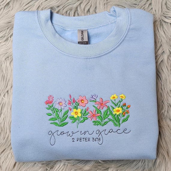 Grow in Grace Embroidered Sweatshirt, Bible Verse Crewneck, Floral Faith Pullover