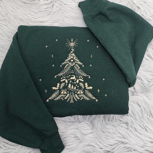 Sudadera navideña con cuello redondo y bordado de árbol de Navidad: elegante sudadera navideña