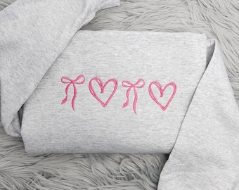 Hearts and Bows Embroidered Crewneck, Valentine Sweatshirt, Coquette Bow Heart Shirt