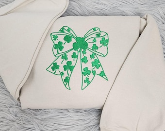 Embroidered Shamrock Bow Crewneck - Girly St Patrick's Day Irish Sweatshirt