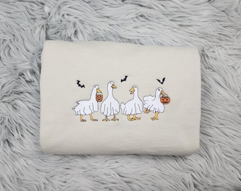 Embroidered Ghost Geese Crewneck: Funny Silly Goose Halloween Sweatshirt