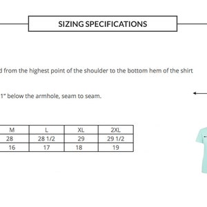 May include: Sizing chart for a racerback tank top with measurements in inches. The chart shows the high point shoulder length and bust measurement for sizes S, M, L, XL, and 2XL.