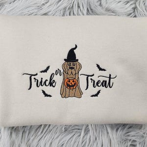 May include: Cream-colored sweatshirt with a Halloween-themed embroidered design. The design features a dog wearing a witch hat and holding a jack-o'-lantern, with the words "Trick or Treat" and bats. A festive and cozy apparel item.
