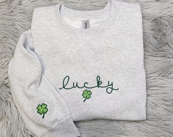 Lucky Shamrock Embroidered Sweatshirt with Sleeve Design, St. Patrick’s Day Crewneck