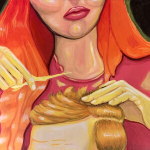 May include: A painting of a person with long red hair cutting the hair of another person with shorter, blonde hair. The person cutting the hair is wearing a pink shirt.