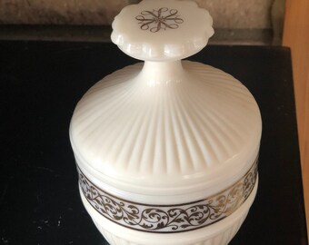 Vintage White Milk Glass Covered Small Candy Dish with Goldtone Detailing