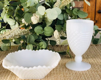 Vintage White Milk Glass Diamond Pattern Goblet and Small Bowl (Set of 2)