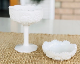 Vintage White Milk Glass Ped Bowl and Trinket Dish