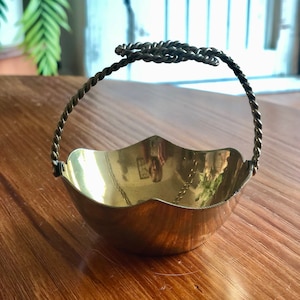 Vintage Little Brass Basket Bowl with Rope Design Handle