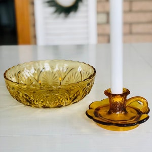 Vintage Amber Glass Set 1 Bowl and 1 Candle Holder
