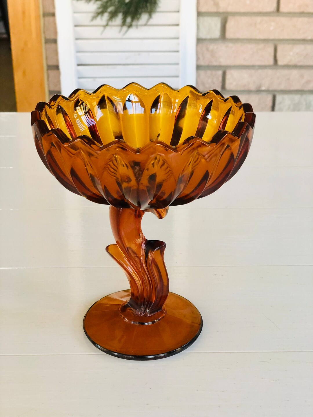 Vintage Amber Glass Pedestal Bowl Etsy