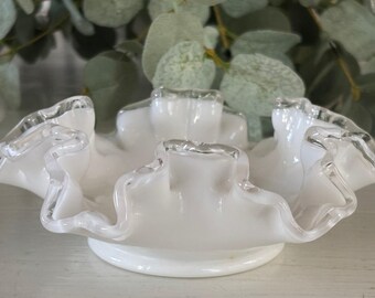 Vintage White Milk Glass Trinket, Candy or Nut Dish with Clear Glass Ruffle Edge