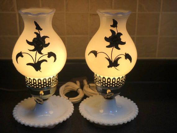 Vintage Working Two Light Floral Hurricane Lamp