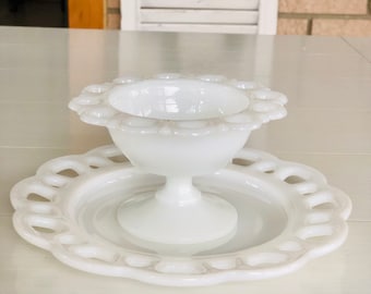 Vintage White Milk Glass Set of 2 (1 small pedestal bowl and 1 dish)