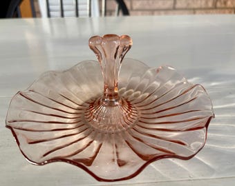 Vintage Pink Glass Center Handled Candy or Nut Dish