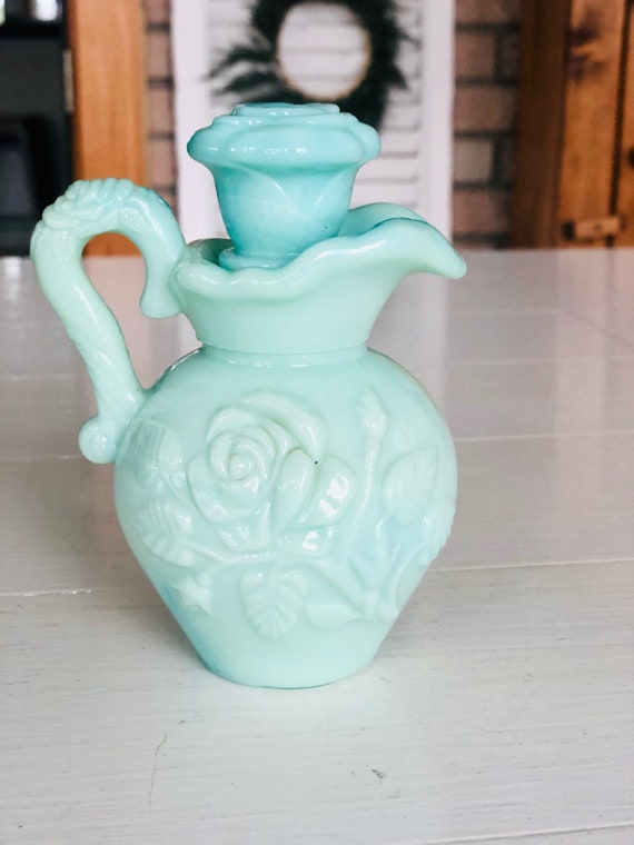 Vintage Aqua Blue Milk Glass Avon Pitcher Perfume… - image 3