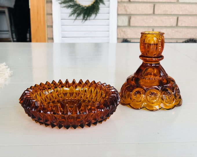 Vintage Amber Glass Candle Holders set of 2 Different Styles Etsy