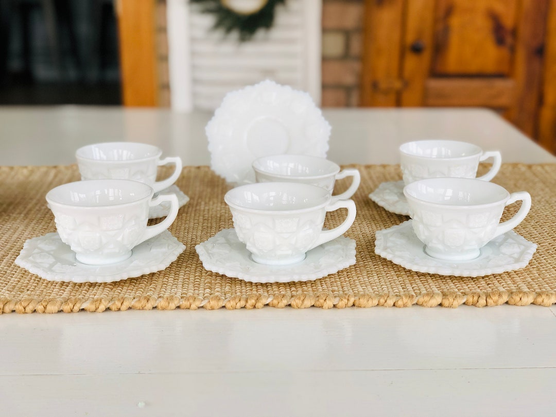 Vintage White Milk Glass Tea Cups and Saucers set of 6 Etsy