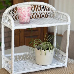 May include: A white wicker shelf unit with two tiers. A pink floral-patterned glass sits on the top shelf, and a white scalloped-edge pot with a green plant sits on the bottom shelf. The shelf unit is on a tan placemat.