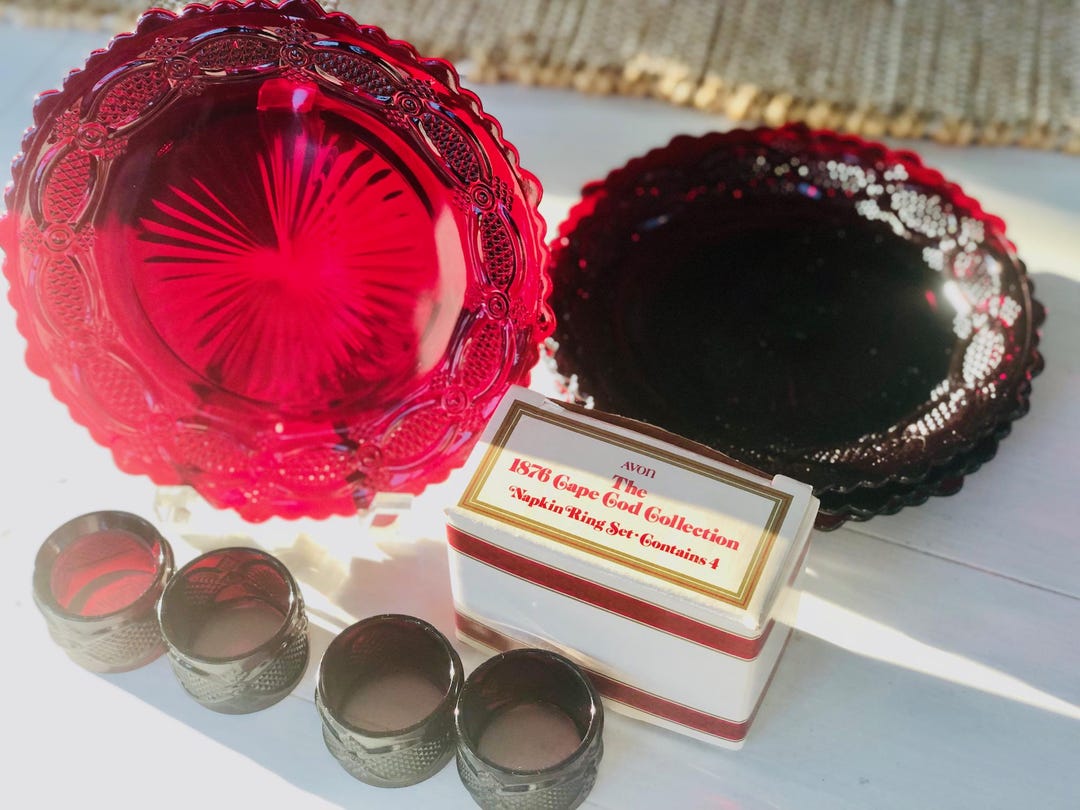 Vintage Avon Ruby Red Cape Cod Collection Glass Plates and Napkin Rings ...