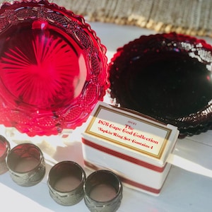 Vintage Avon Ruby Red Cape Cod Collection Glass Plates and Napkin Rings (Set of 8)