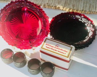Vintage Avon Ruby Red Glass Plate & Napkin Ring Set