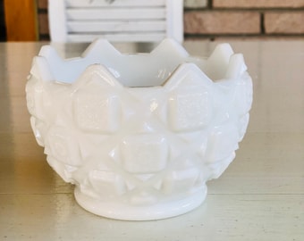 Vintage White Milk Glass Candy Bowl (Quilt Pattern)