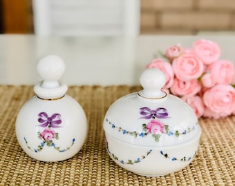 Vintage White Glass Perfume and Powder Vanity Containers