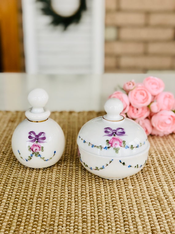 Vintage White Glass Perfume and Powder Vanity Cont
