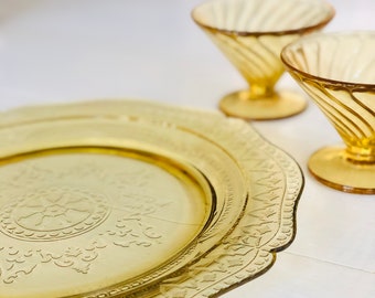 Vintage Yellow Aber Glass Etched Platter and Two Dessert Cups (Set of 3)
