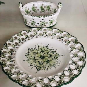 Vintage Portugal Ceramic Platter and Fruit Bowl Green Floral Design (Set of 2)