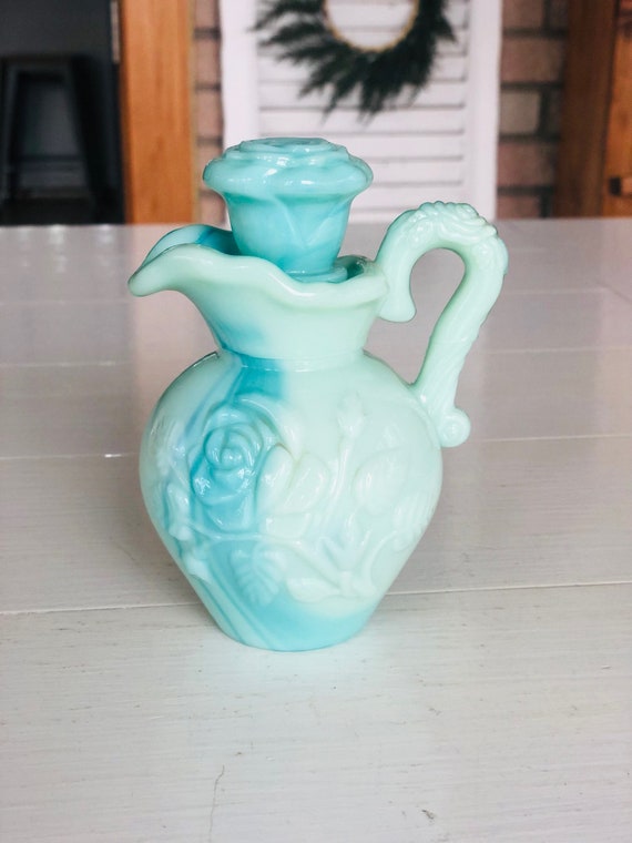Vintage Aqua Blue Milk Glass Avon Pitcher Perfume… - image 1