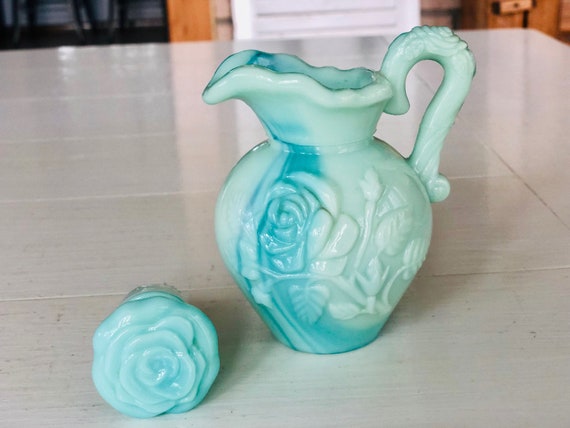 Vintage Aqua Blue Milk Glass Avon Pitcher Perfume… - image 7